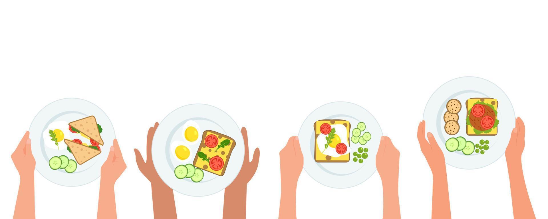 set de desayuno manos sosteniendo plato con huevos, sándwich, tomates, pepinos, rúcula en un plato para el desayuno o el almuerzo. comida sana. ilustración vectorial aislada en un fondo blanco vector