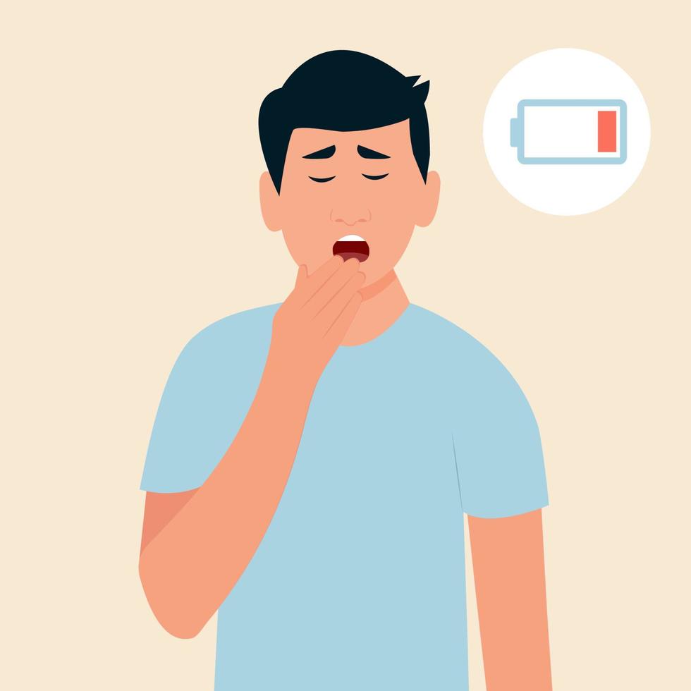 Man yawning covering mouth with hand.  Sleepy person with open mouth.Fatigue. Low energy.Vector illustration vector
