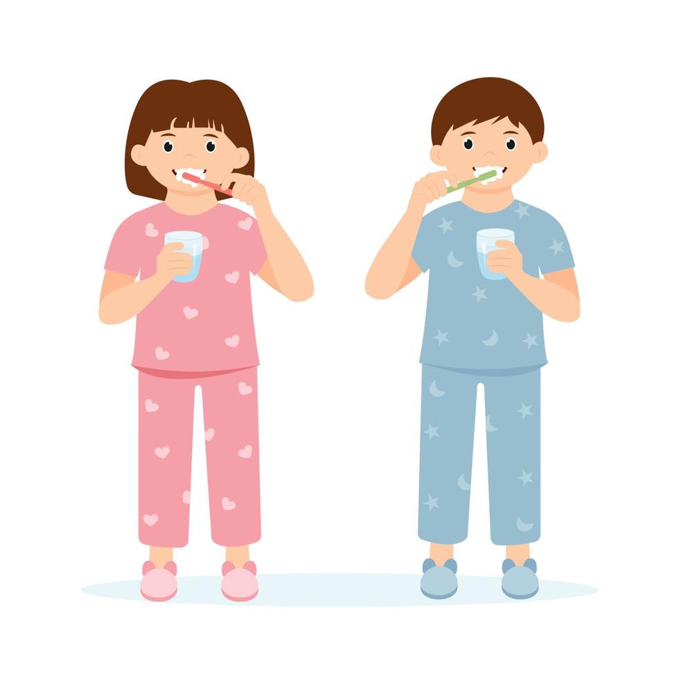 Kids in pajamas brushing teeth with toothpaste before bedtime. Children  with toothbrush and glass in hand. Oral hygiene. Vector illustration