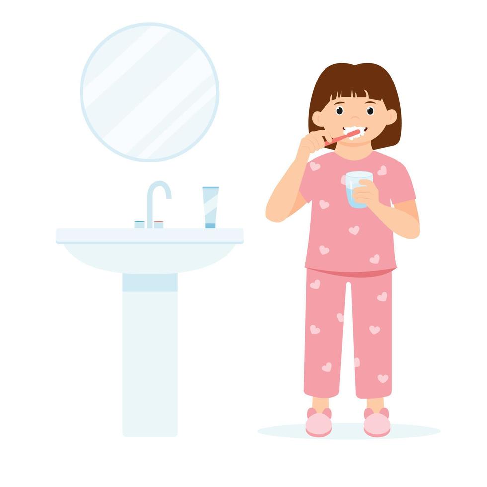 Little girl in pajamas brushing teeth with toothpaste before bedtime. Child with toothbrush and glass in hand. Oral hygiene. Vector illustration