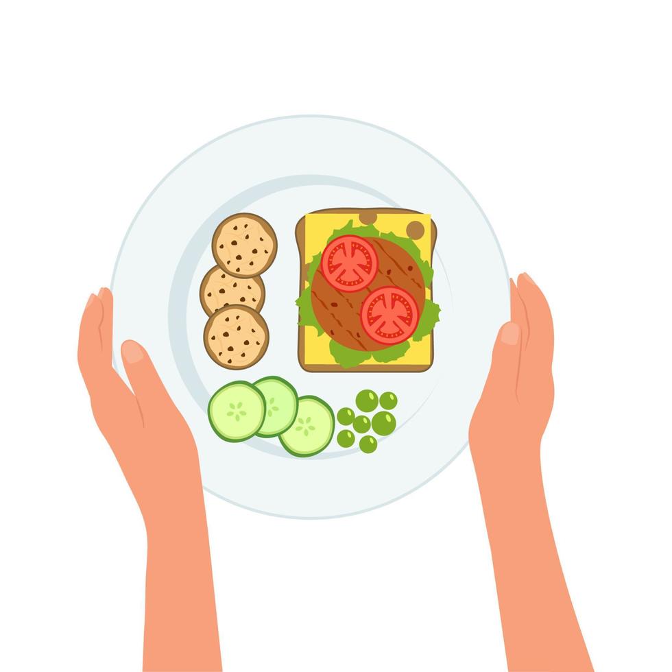 set de desayuno manos sosteniendo plato con huevos, sándwich, tomates, pepinos, rúcula en un plato para el desayuno o el almuerzo. comida sana. ilustración vectorial aislada en un fondo blanco vector