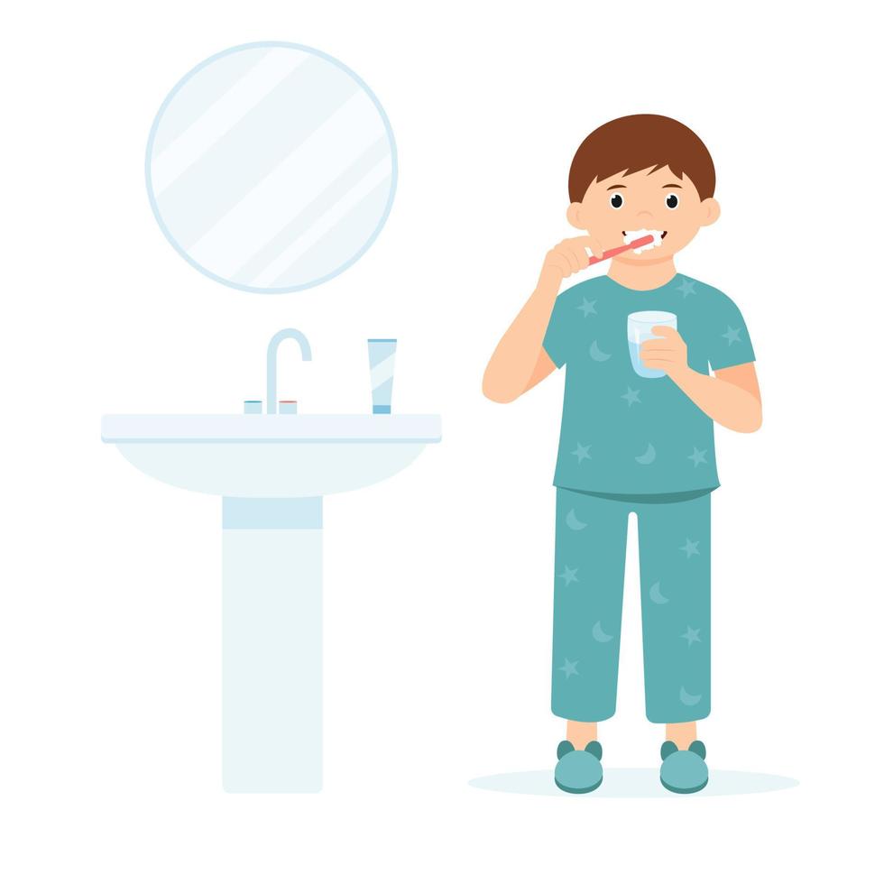 Little  boy in pajamas brushing teeth with toothpaste before bedtime. Child with toothbrush and glass in hand. Oral hygiene. Vector illustration