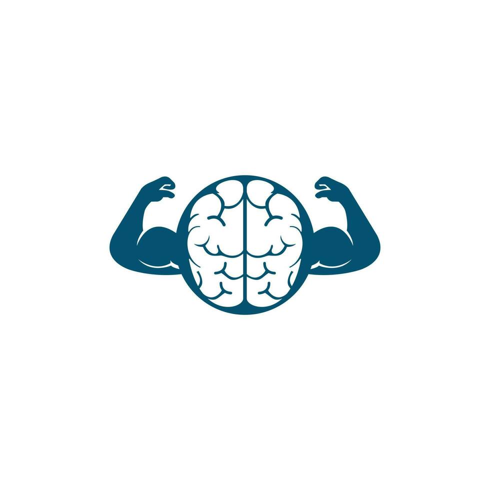 Strong brain vector logo design. Brain with strong double biceps.