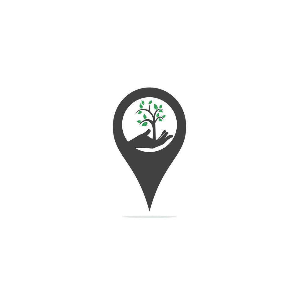 árbol de mano y diseño de logotipo pin gps. localizador de spa y salón o centro de salud. vector