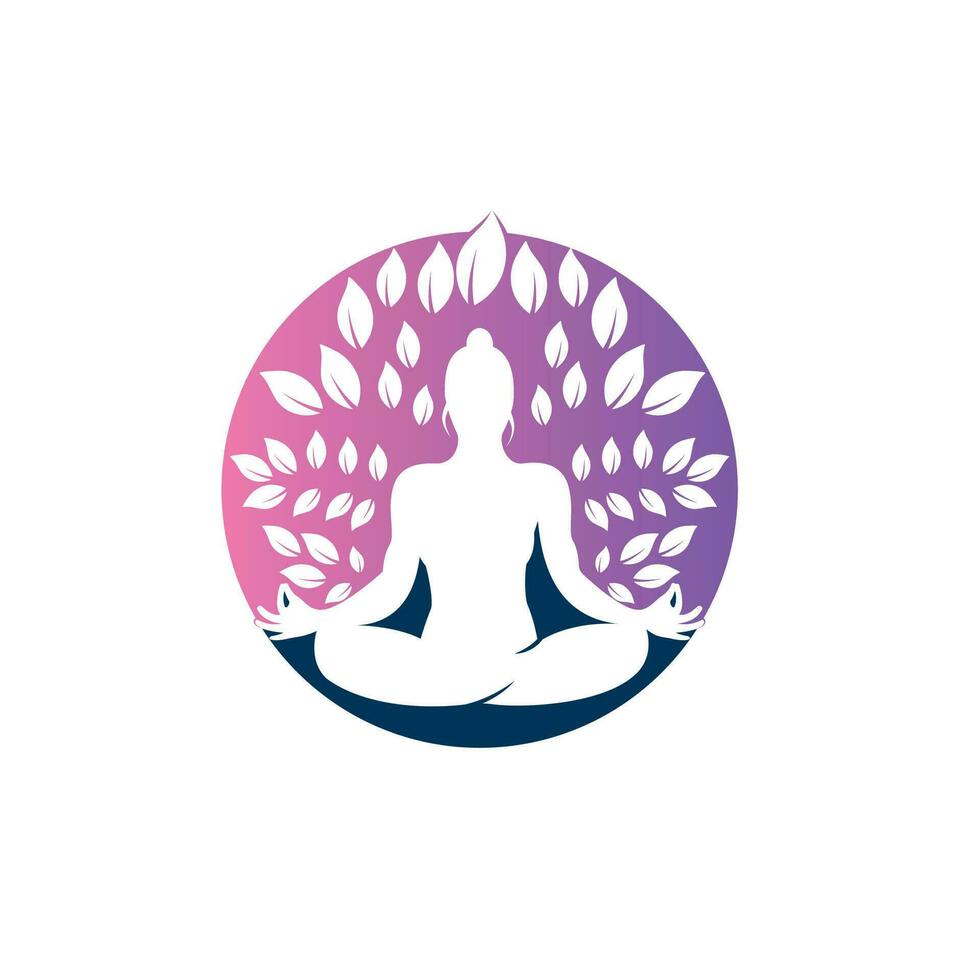 Green leaves surrounding young woman in yoga pose, vector logo template.