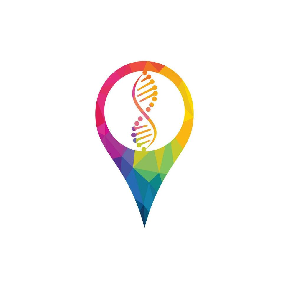 diseño de logotipo de puntero de mapa y adn humano. símbolo o icono del localizador gps y adn humano. plantilla única de diseño de logotipo de ciencia y pin. vector