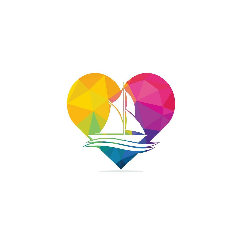 Yacht heart shape logo design. Yachting club or yacht sport team vector logo design. Marine travel adventure or yachting championship or sailing trip tournament.