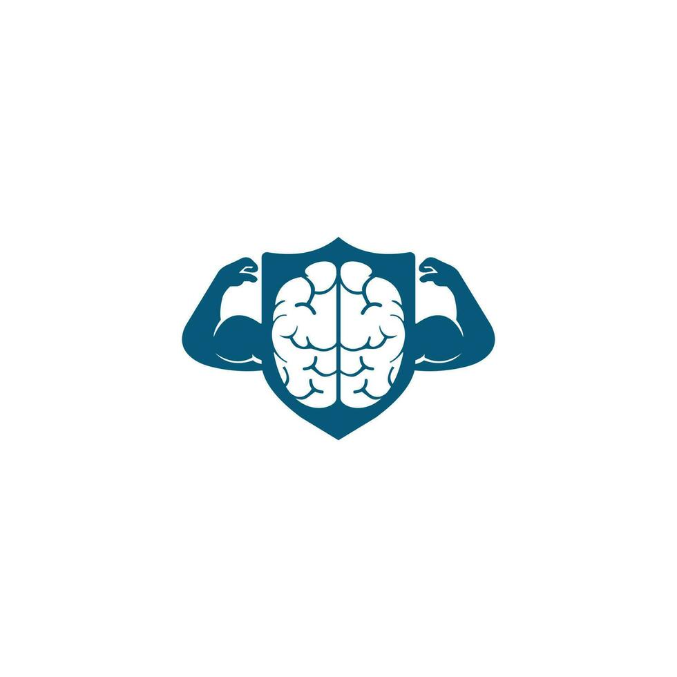 Strong brain vector logo design. Brain with strong double biceps.