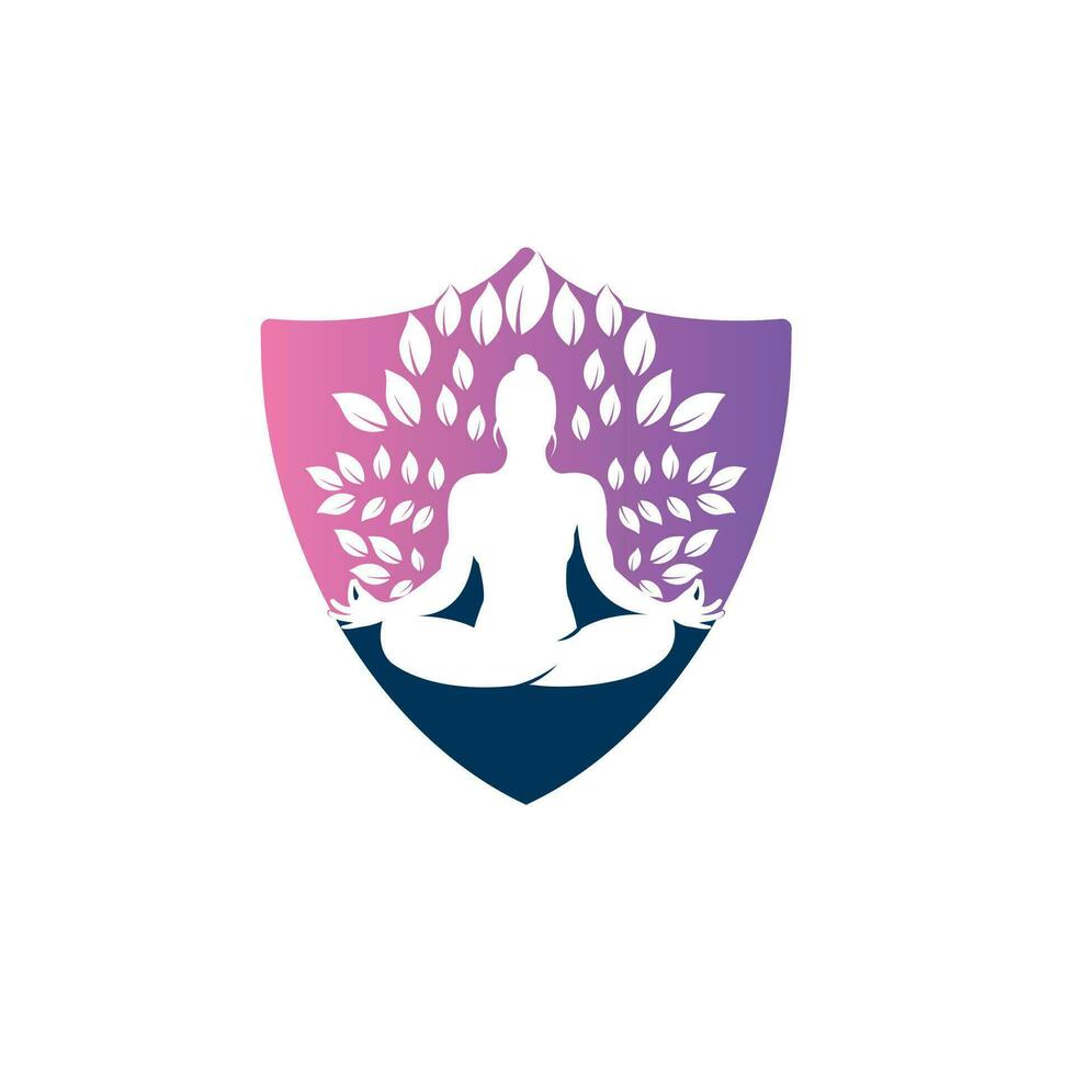 Green leaves surrounding young woman in yoga pose, vector logo template.