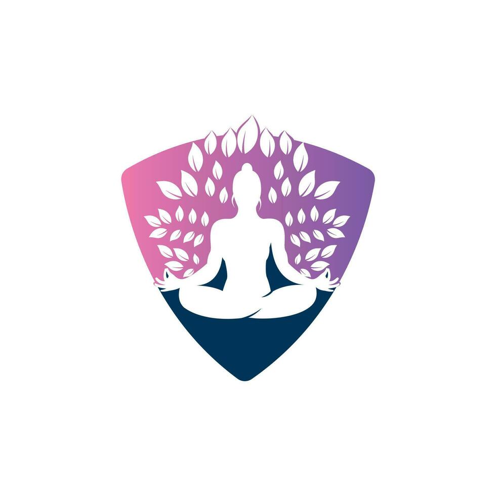 Green leaves surrounding young woman in yoga pose, vector logo template.