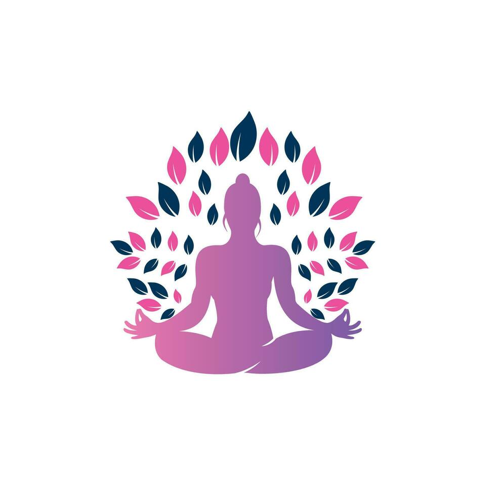 Green leaves surrounding young woman in yoga pose, vector logo template.