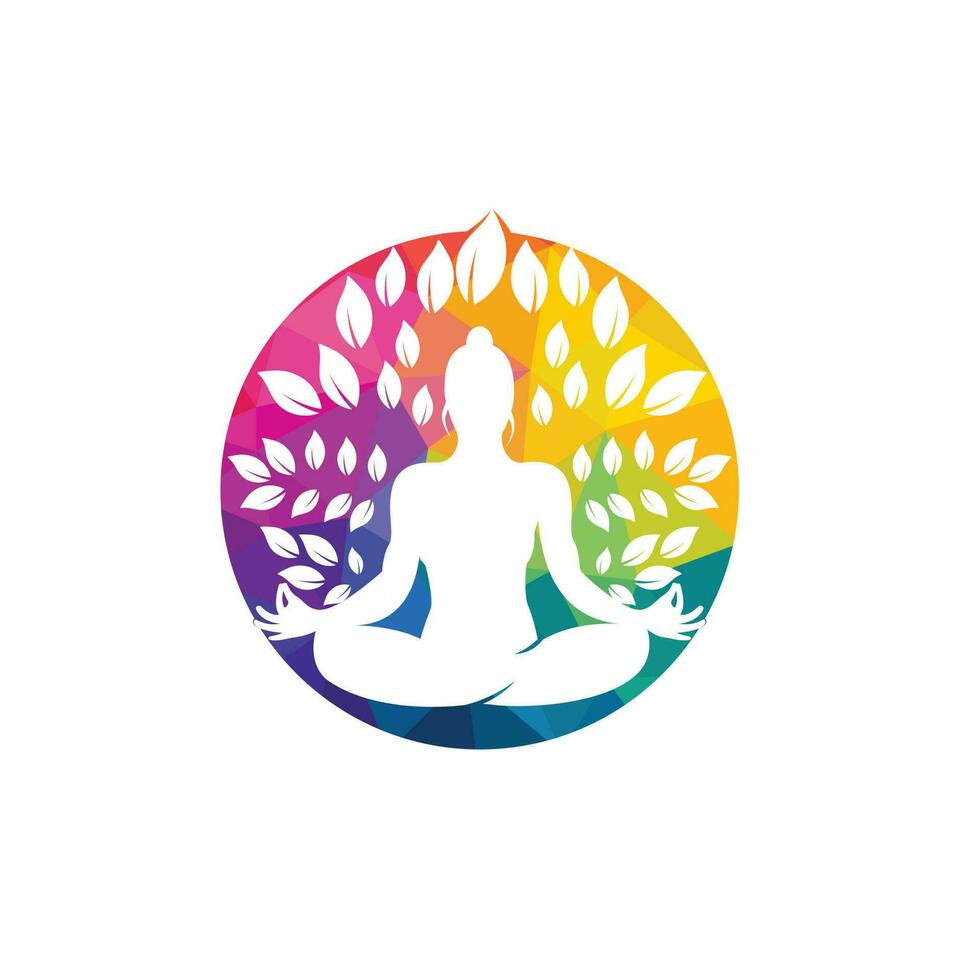 Green leaves surrounding young woman in yoga pose, vector logo template.