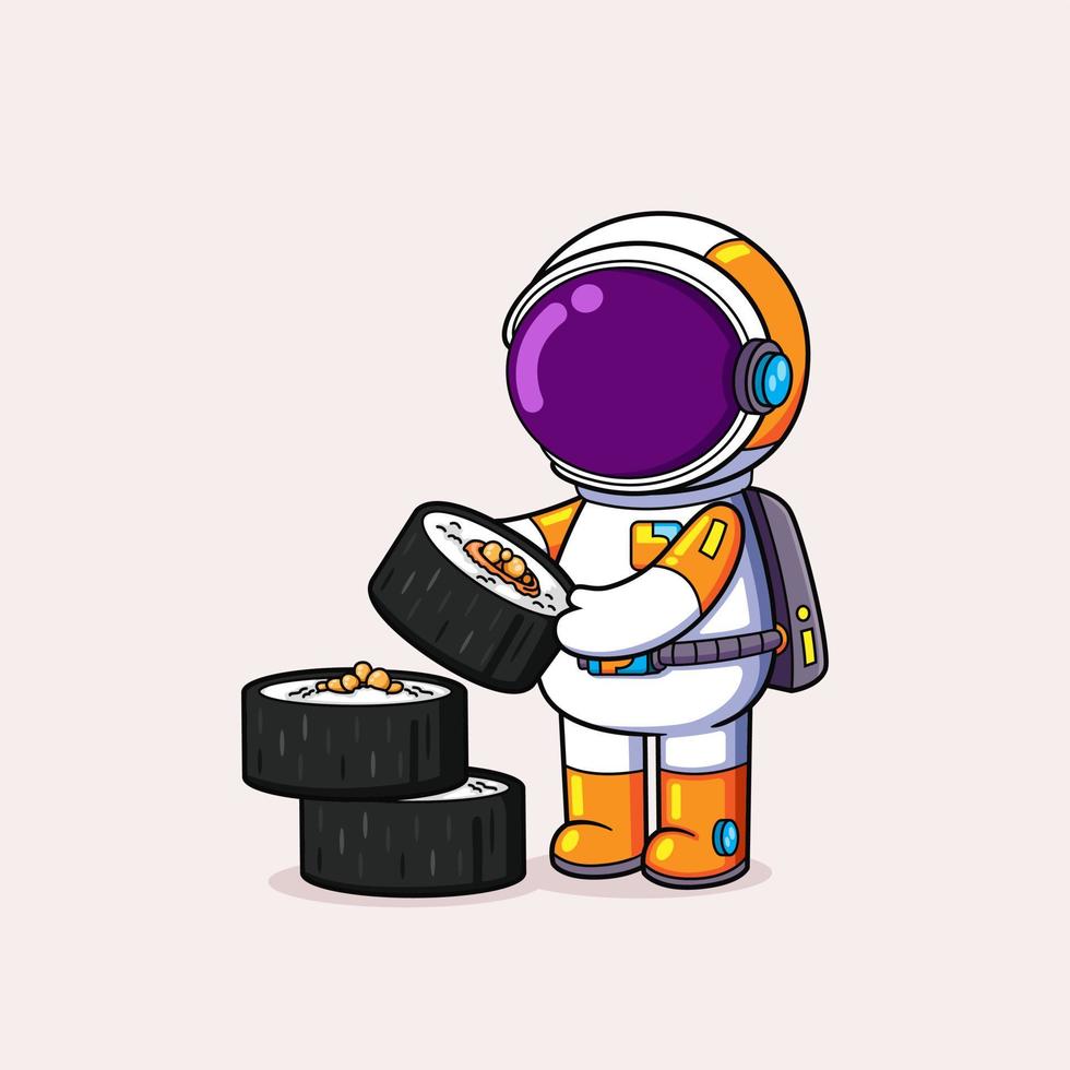 The astronaut is having many foods and so hungry that he is going to eat them vector