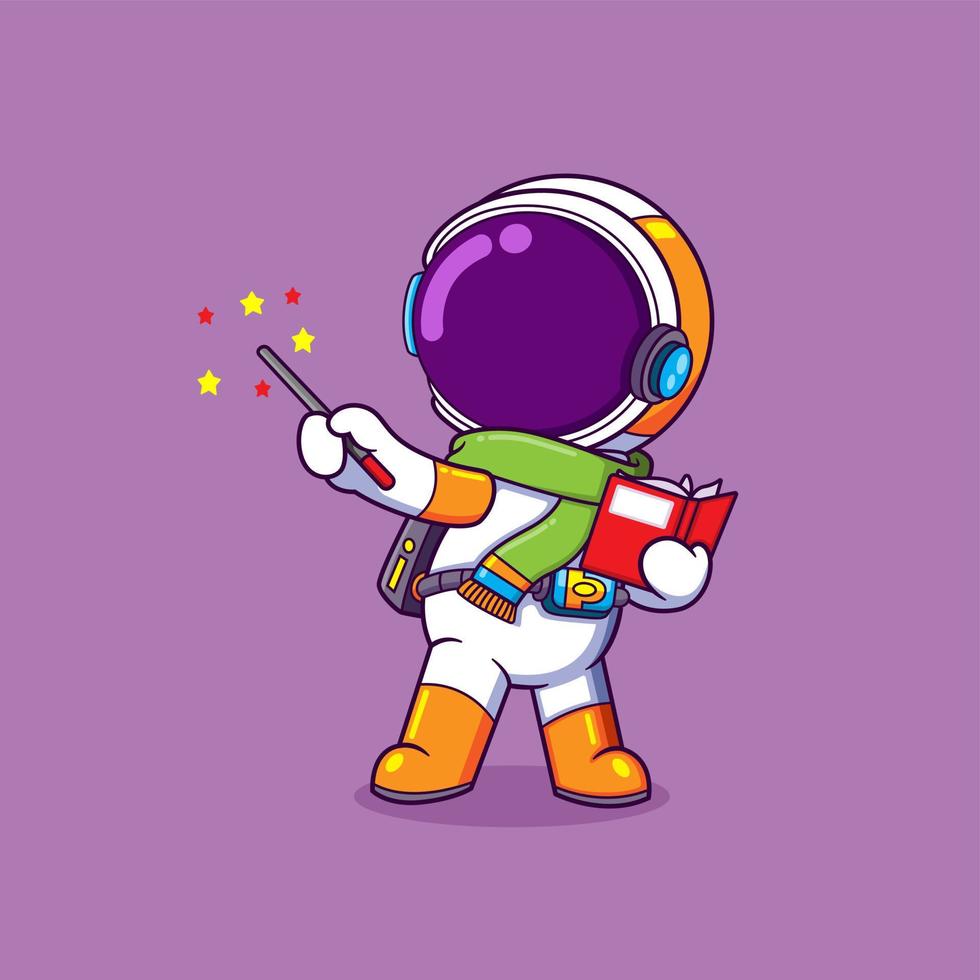 The astronaut is reading a magic book and doing some magic to make a little stars vector