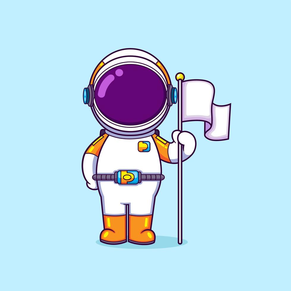 The astronaut is standing and holding a white flag after reach a planet in galaxy vector