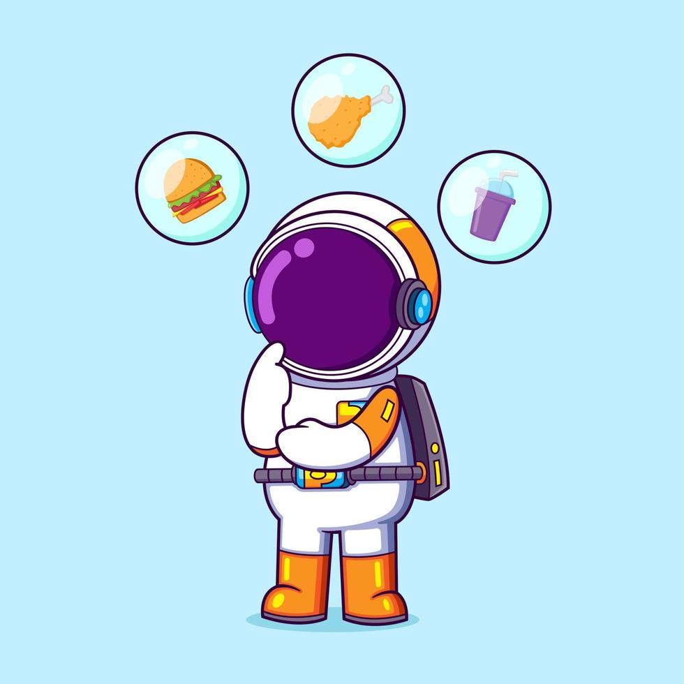 The astronaut is confused with a food that he want to buy and eat for today vector