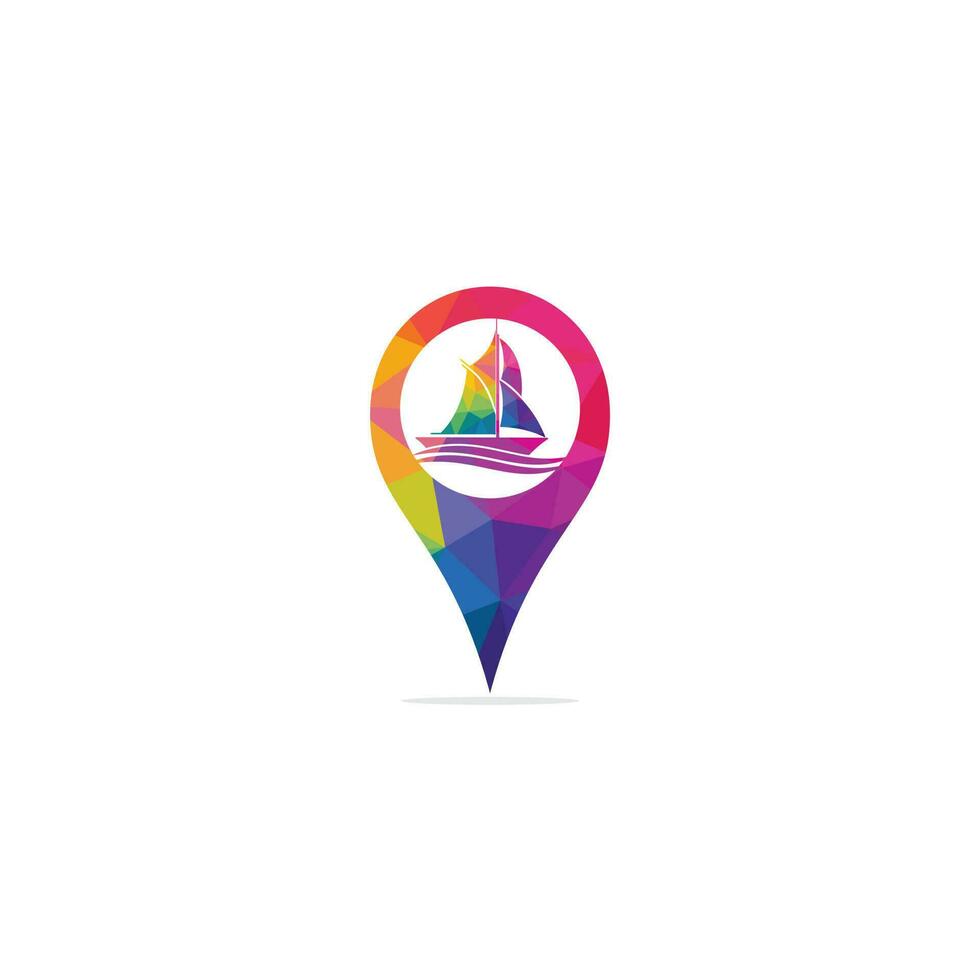 Vector ship and map pointer logo combination. Boat and GPS locator symbol or icon.