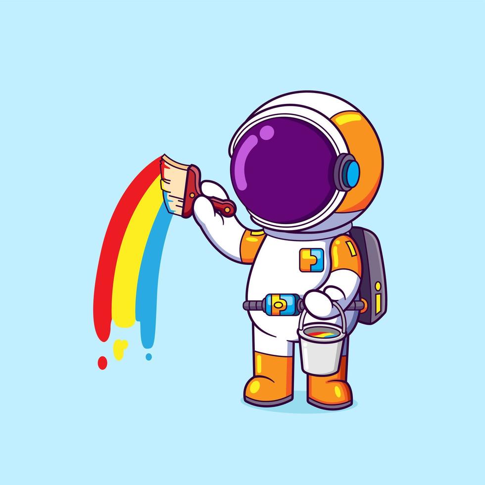 The painter astronaut is painting the sky with the rainbow color vector