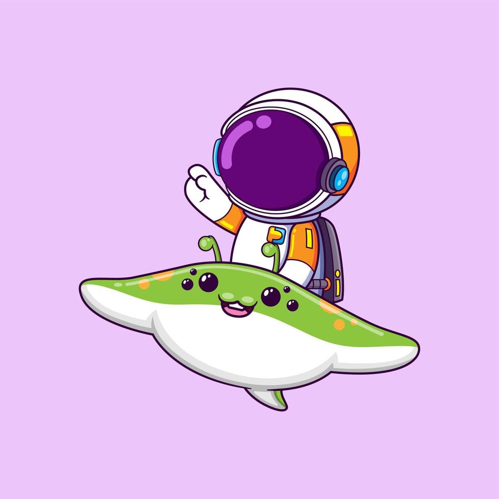 The astronaut is riding a fly stingray alien on sky and pointing on something vector