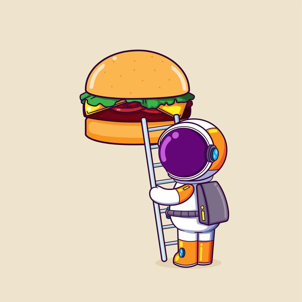 The hungry astronaut is holding the ladder and trying to get the burger vector