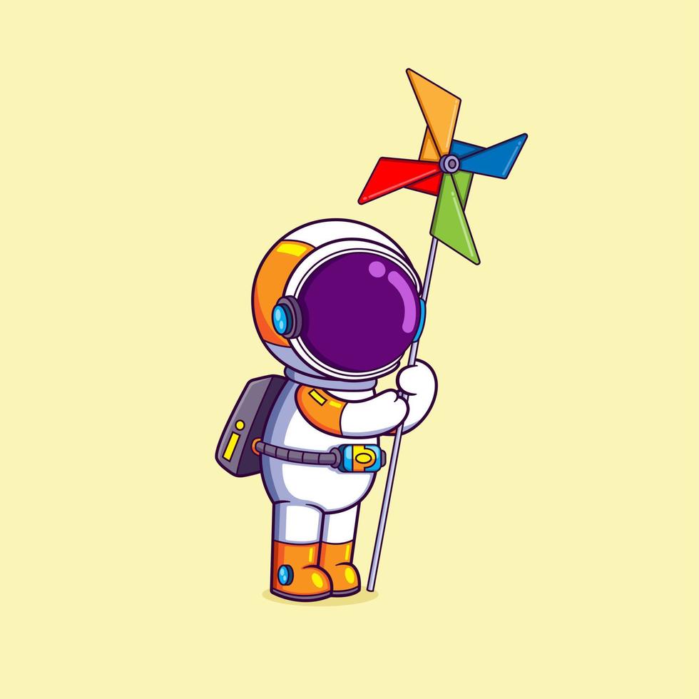 The astronaut is holding a long and big windmill while standing vector