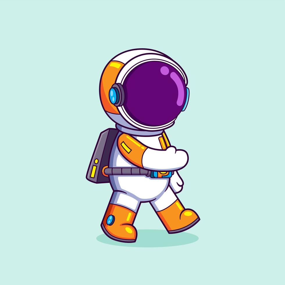 The cute astronaut is walking and stepping on the space vector