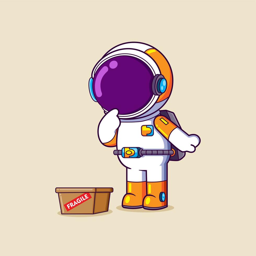 The astronaut is looking the fragile box with the confused expression vector