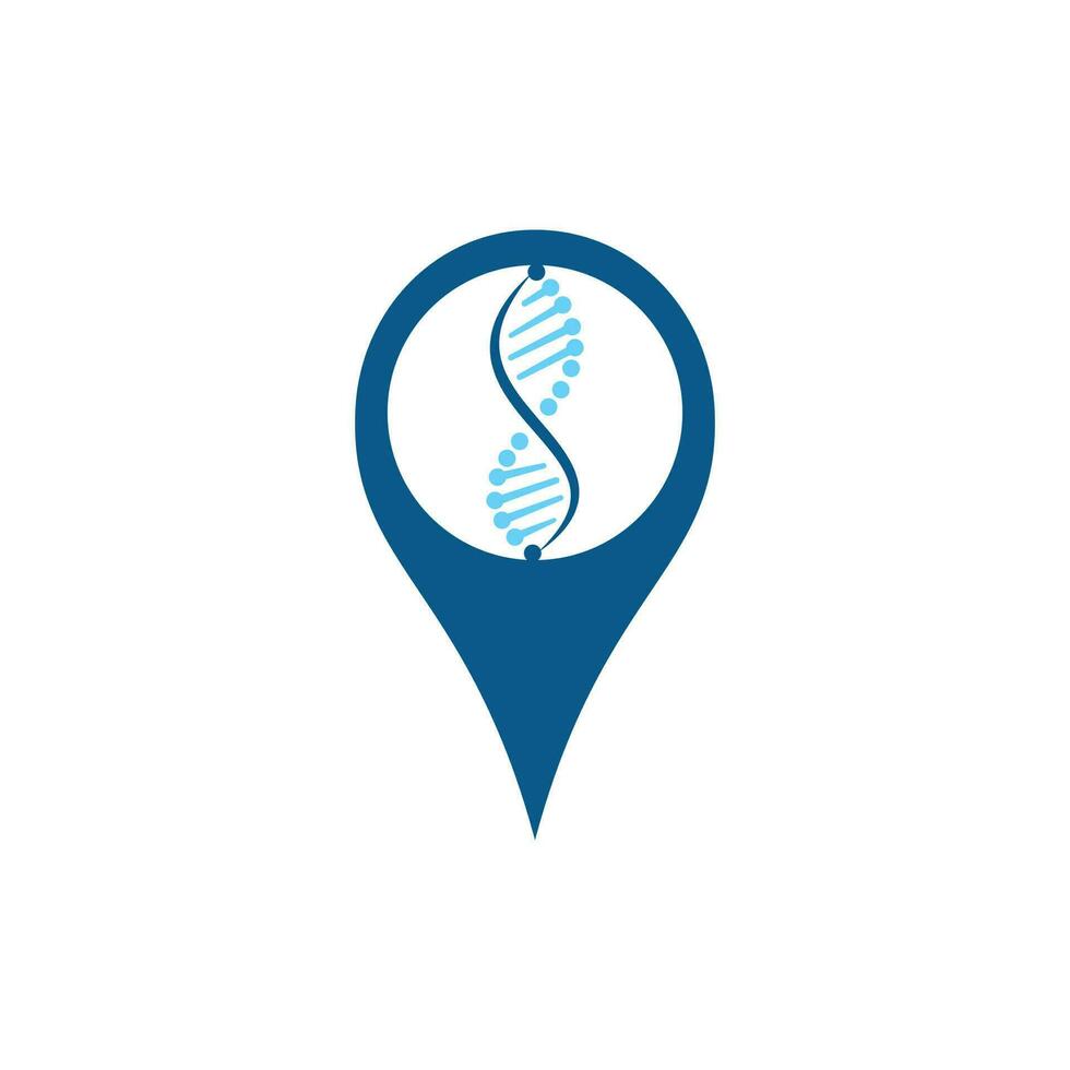 diseño de logotipo de puntero de mapa y adn humano. símbolo o icono del localizador gps y adn humano. plantilla única de diseño de logotipo de ciencia y pin. vector