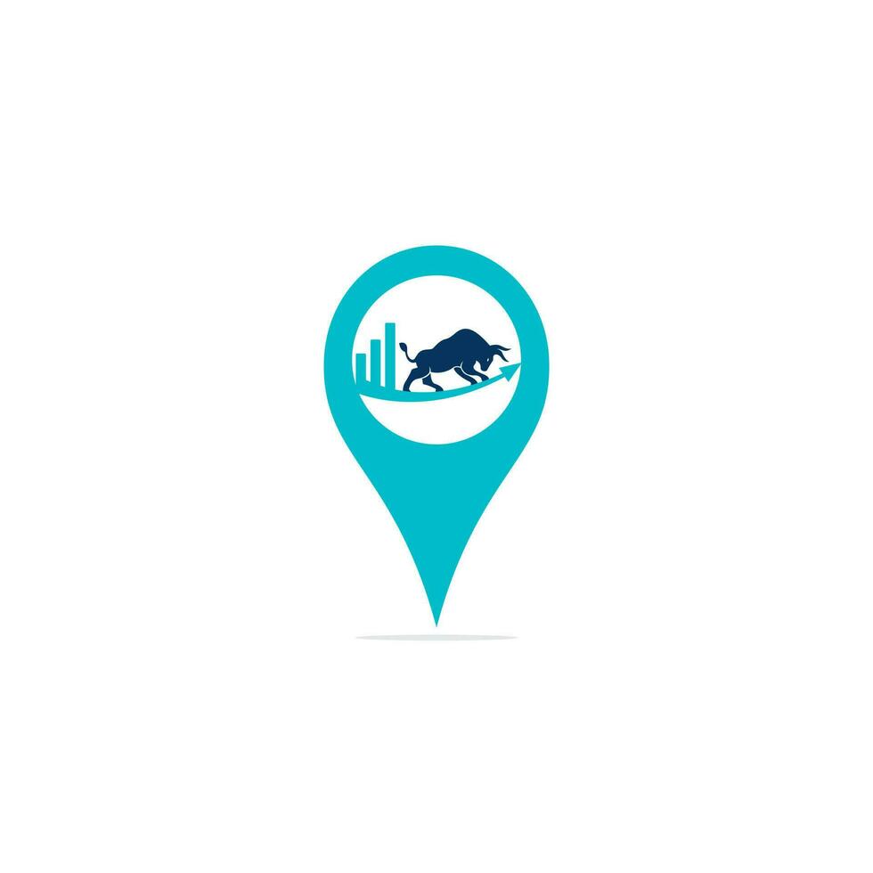 toro financiero con diseño de logotipo en forma de gps. gráfico de toros comerciales, logotipo de pin de finanzas. icono del logotipo de la productividad empresarial de la barra del gráfico de finanzas económicas. vector