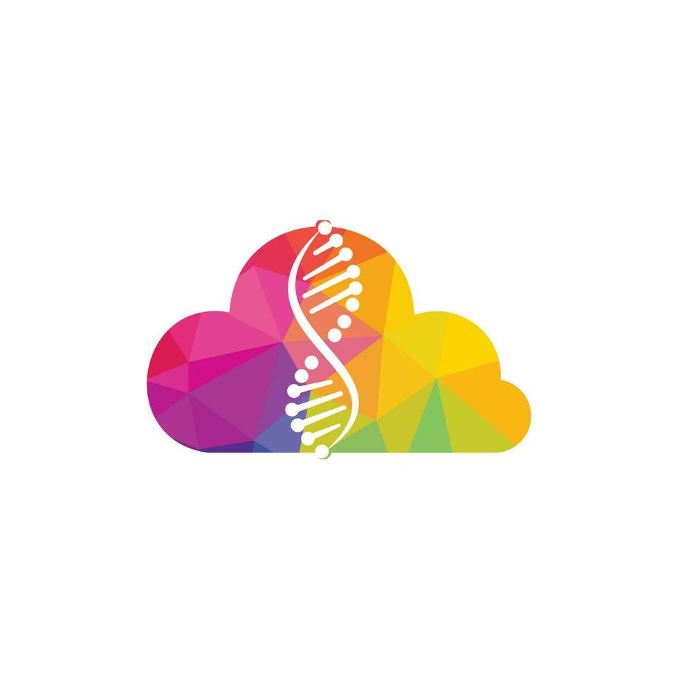 ADN humano y logotipo de nube. diseño del logotipo del vector de genética científica. análisis genético, código biotecnológico de investigación adn. cromosoma del genoma biotecnológico.