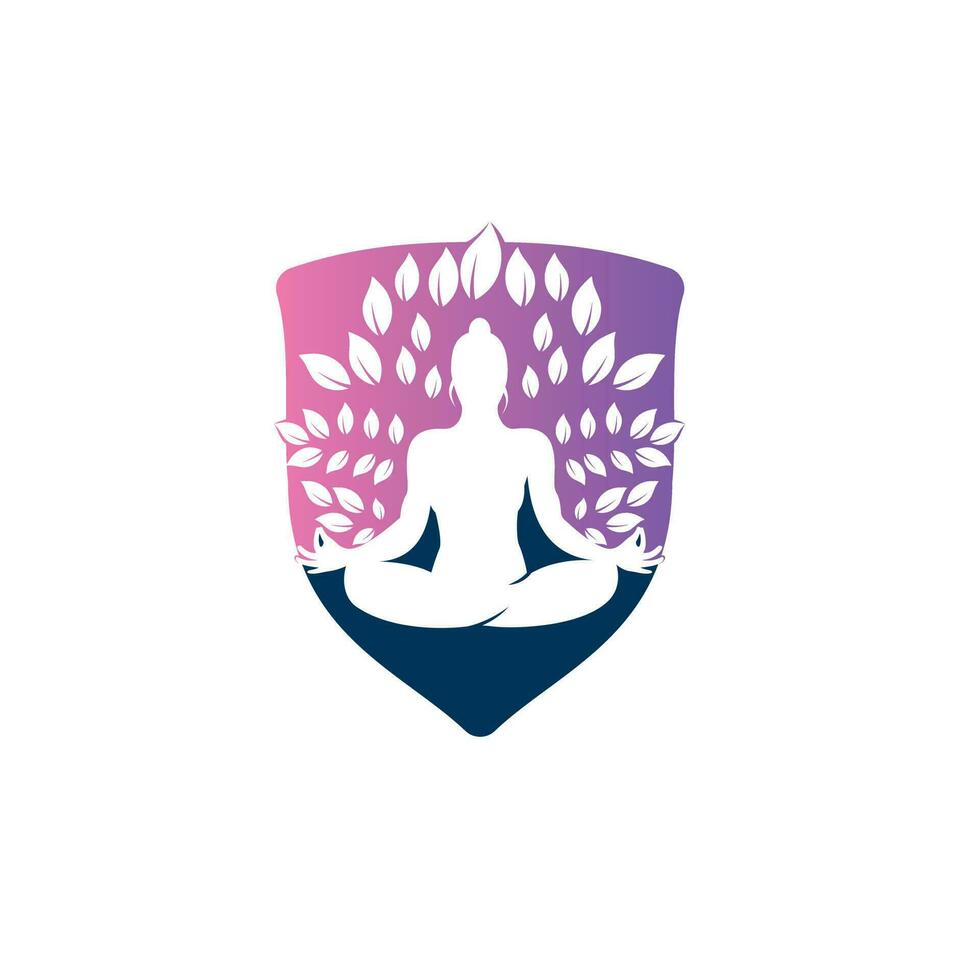 Green leaves surrounding young woman in yoga pose, vector logo template.
