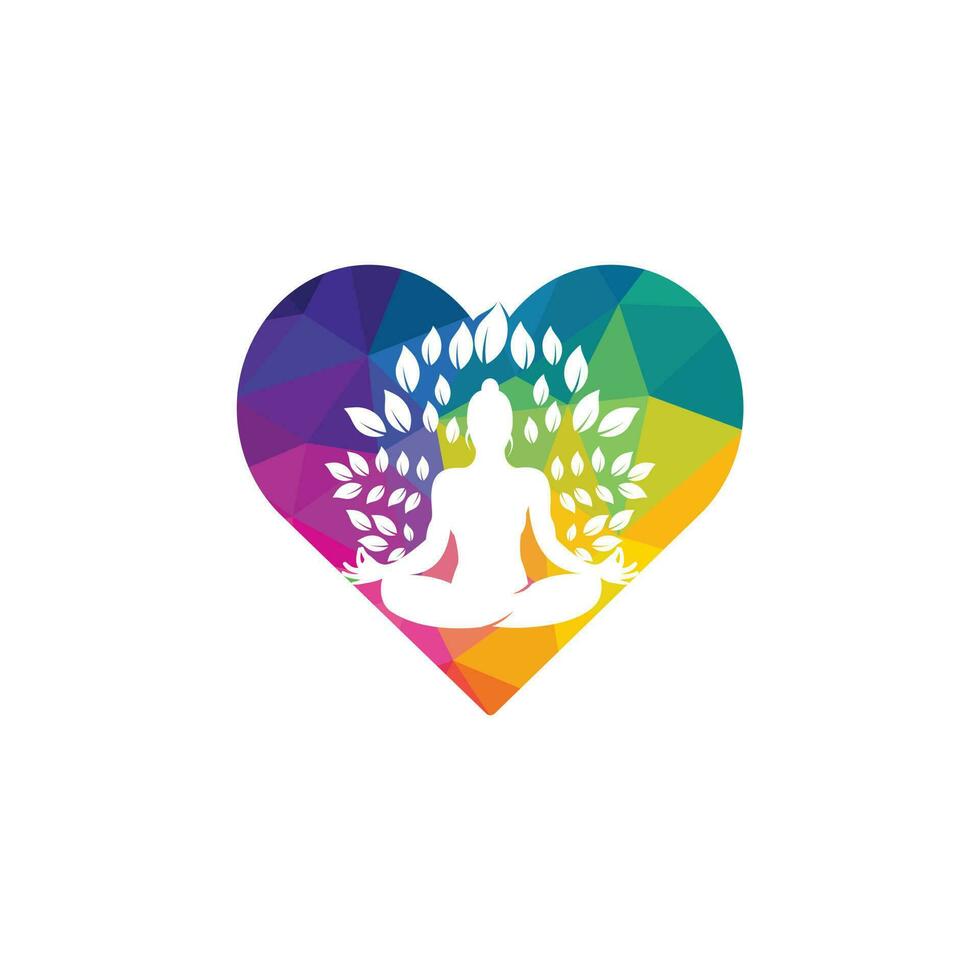 Green leaves surrounding young woman in yoga pose, vector logo template.