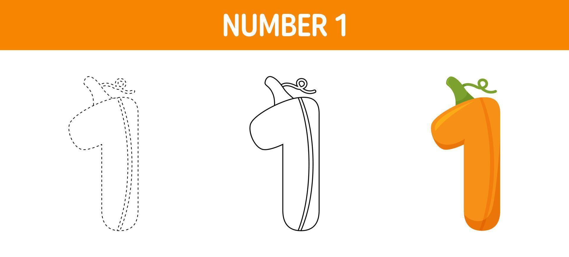 Number 1 Pumpkin tracing and coloring worksheet for kids vector