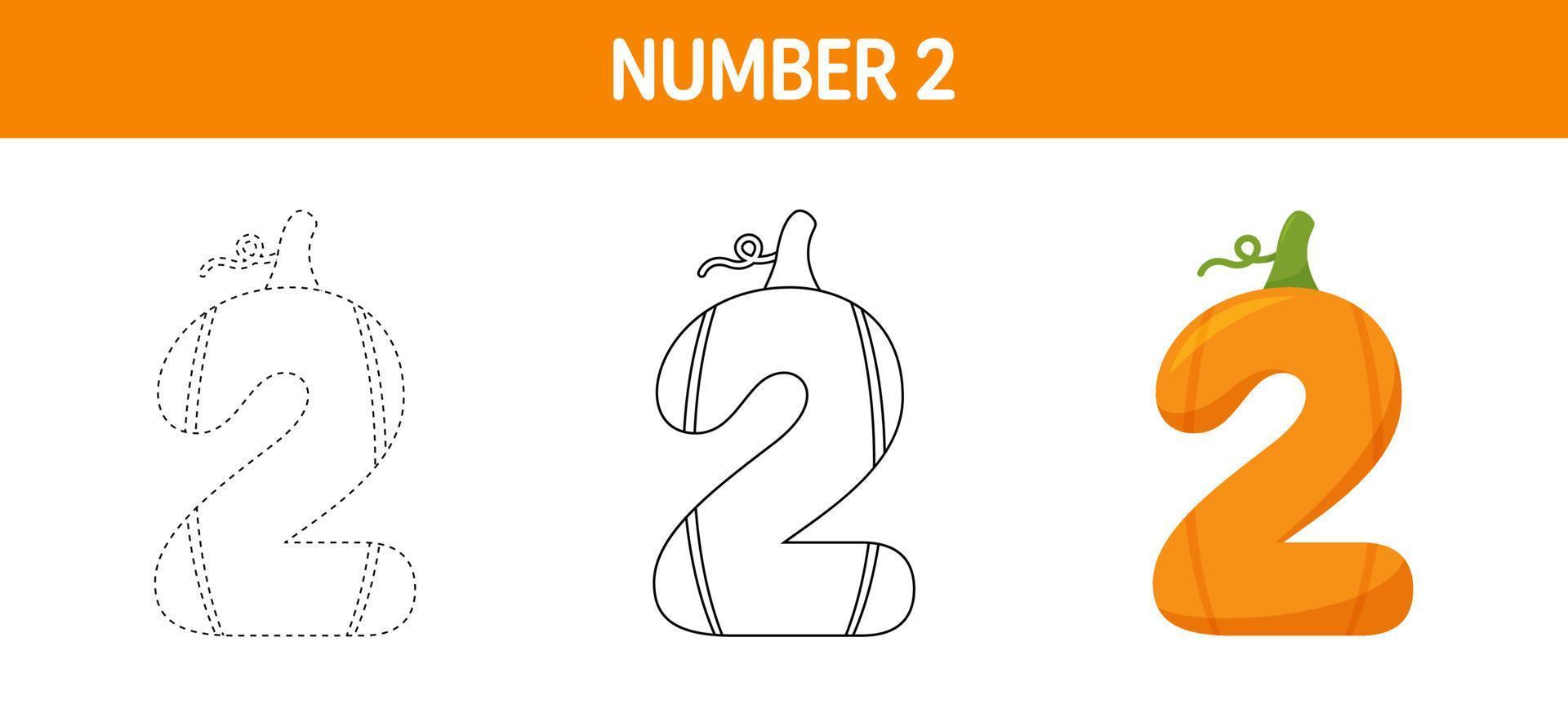 Number 2 Pumpkin tracing and coloring worksheet for kids vector