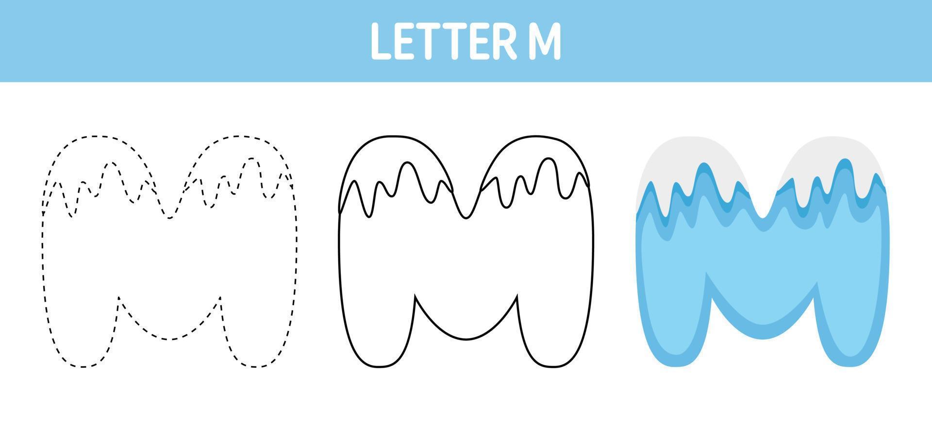 Letter M Snow tracing and coloring worksheet for kids vector