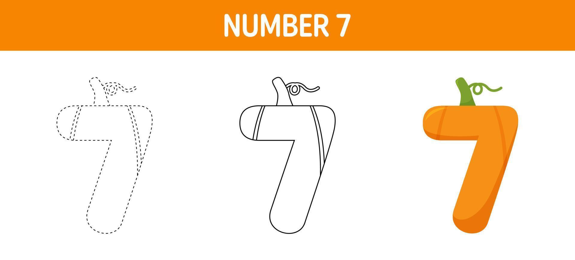 Number 7 Pumpkin tracing and coloring worksheet for kids vector