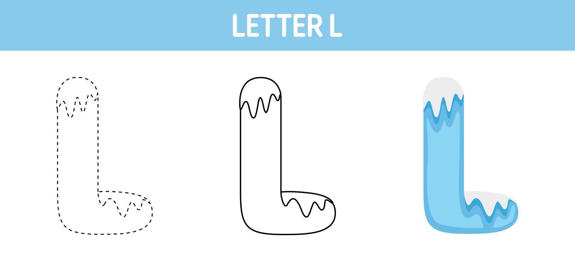Letter L Snow tracing and coloring worksheet for kids vector