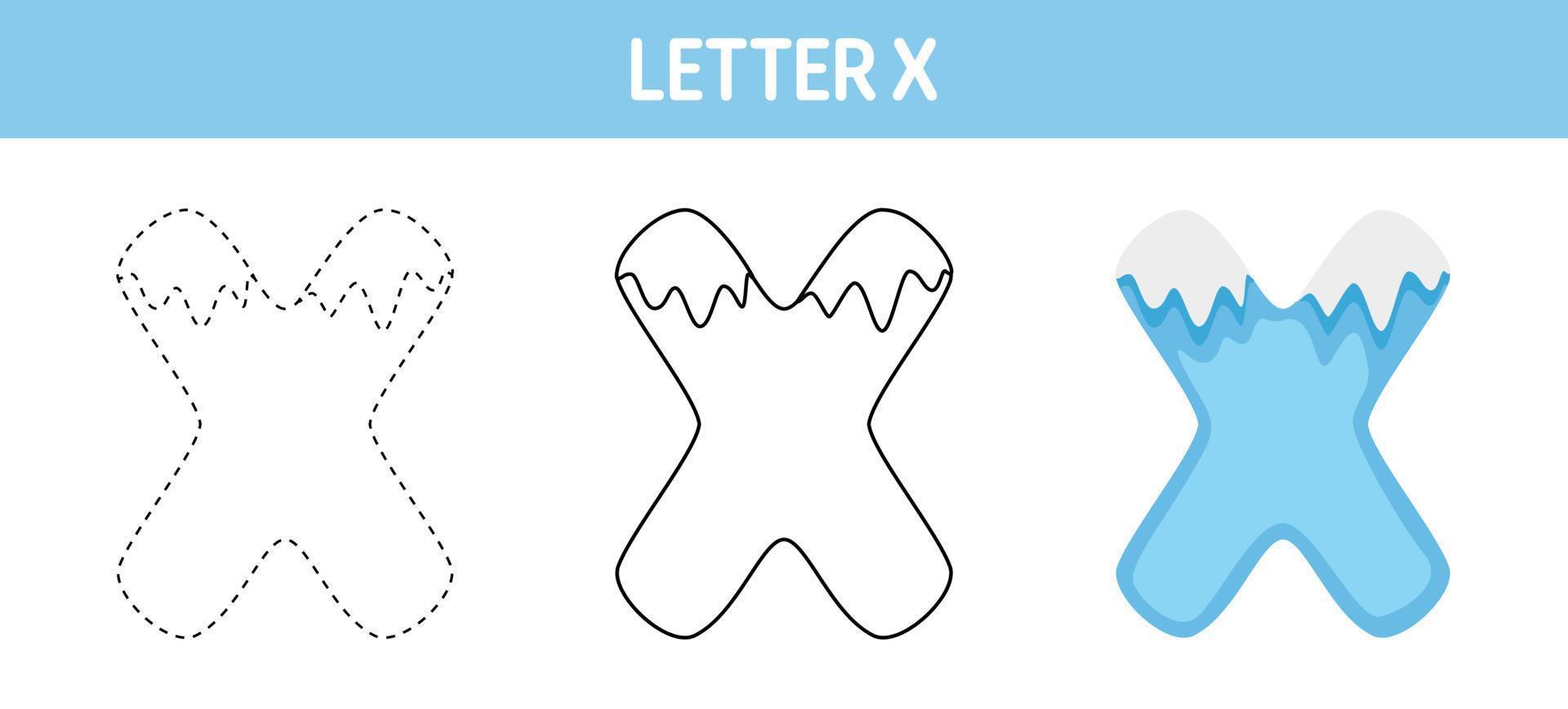 Letter X Snow tracing and coloring worksheet for kids vector
