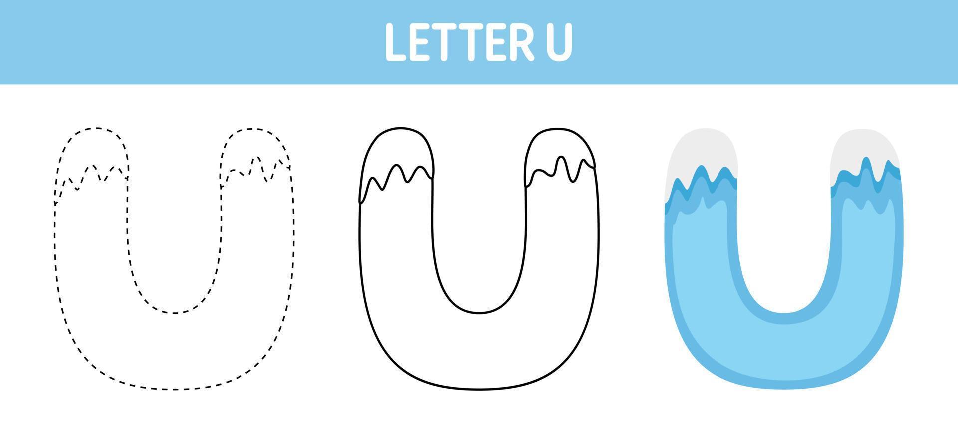 Letter U Snow tracing and coloring worksheet for kids vector