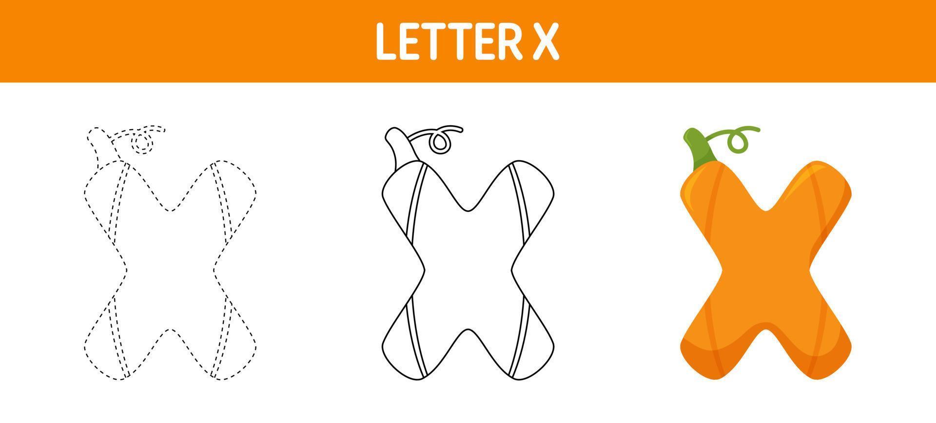 Letter X Pumpkin tracing and coloring worksheet for kids vector