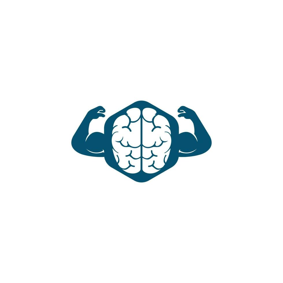 Strong brain vector logo design. Brain with strong double biceps.