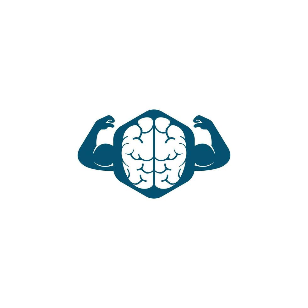 Strong brain vector logo design. Brain with strong double biceps.