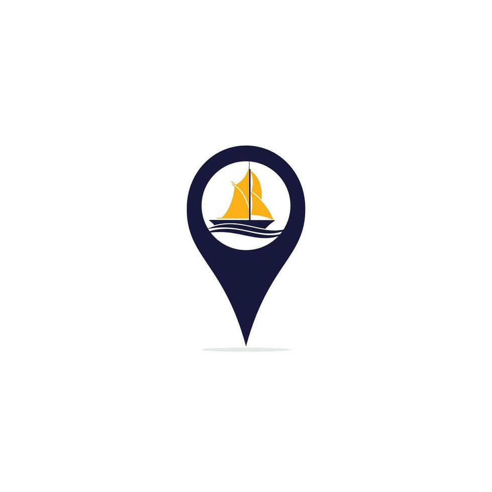 Vector ship and map pointer logo combination. Boat and GPS locator symbol or icon.