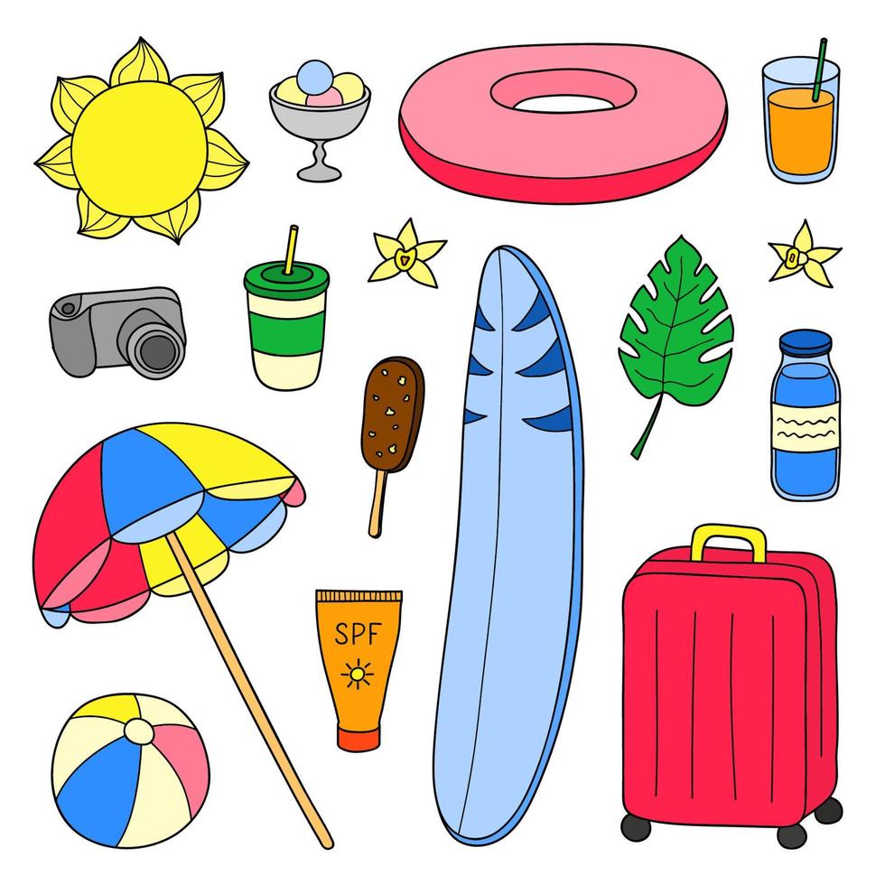 conjunto de artículos de verano y vacaciones dibujados a mano. vector