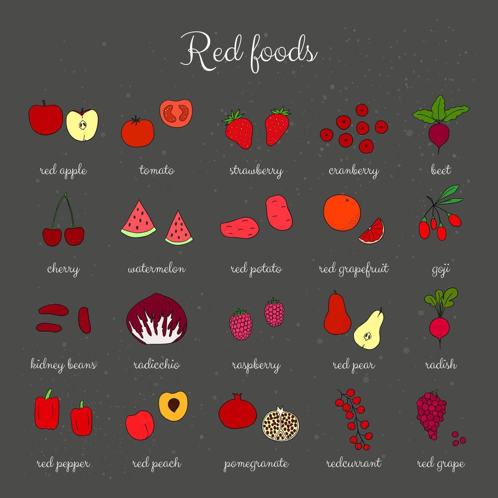 conjunto de alimentos rojos dibujados a mano. vector