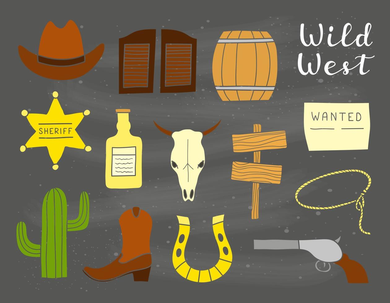 Set of hand drawn Wild West elements. vector