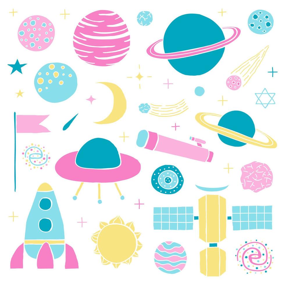 Set of hand drawn space items. vector