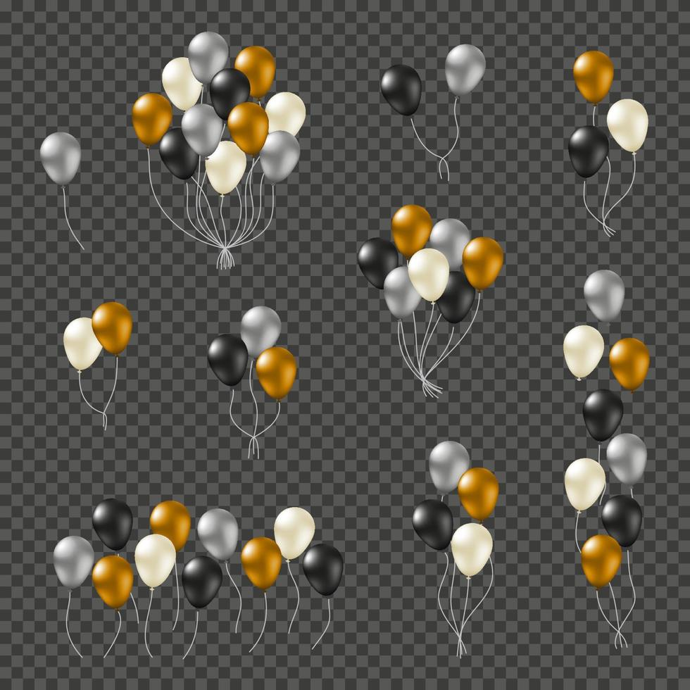 racimos y grupos de globos de helio dorados, plateados, negros y blancos con superficie lisa brillante aislados en el fondo. vector