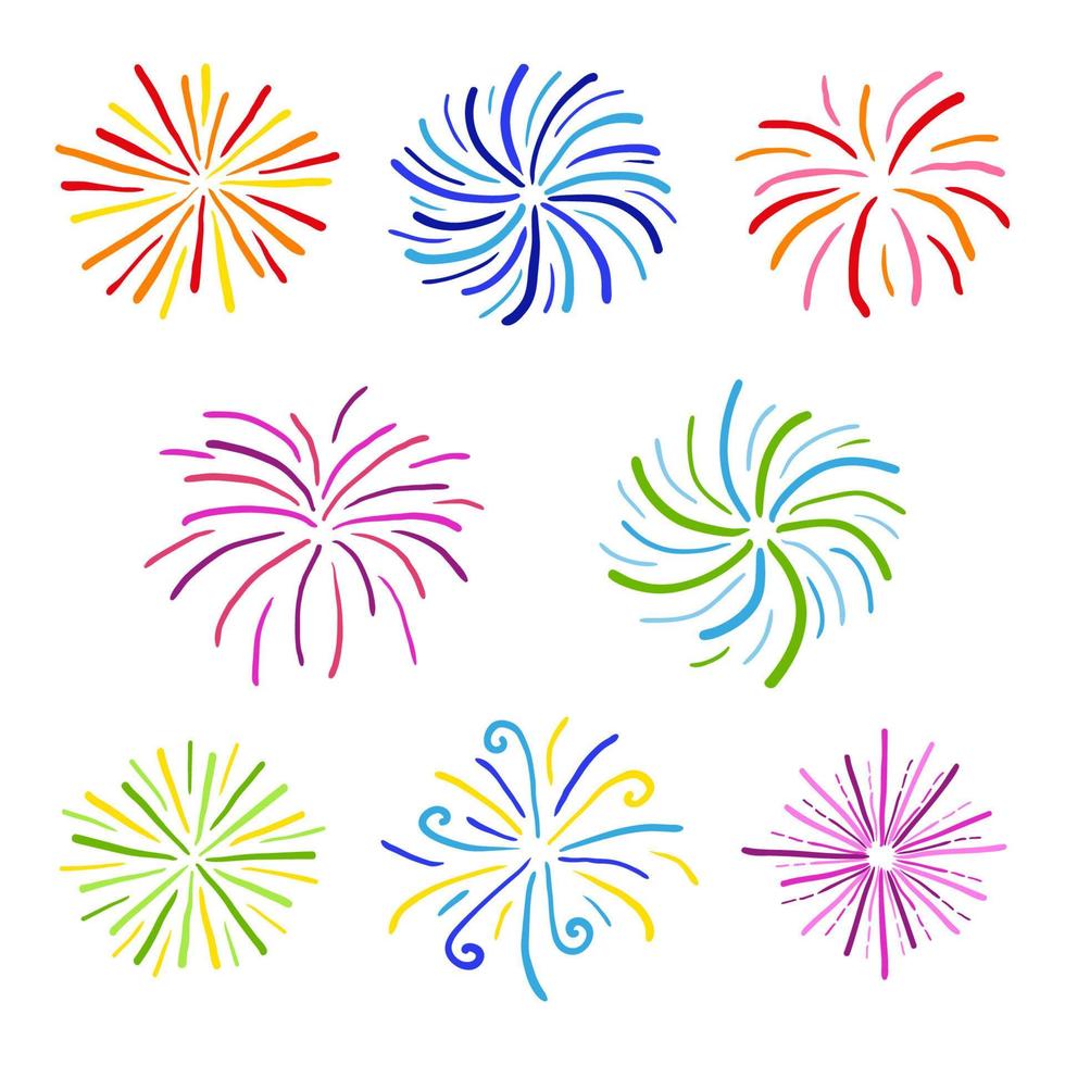 Set of doodle fireworks. vector