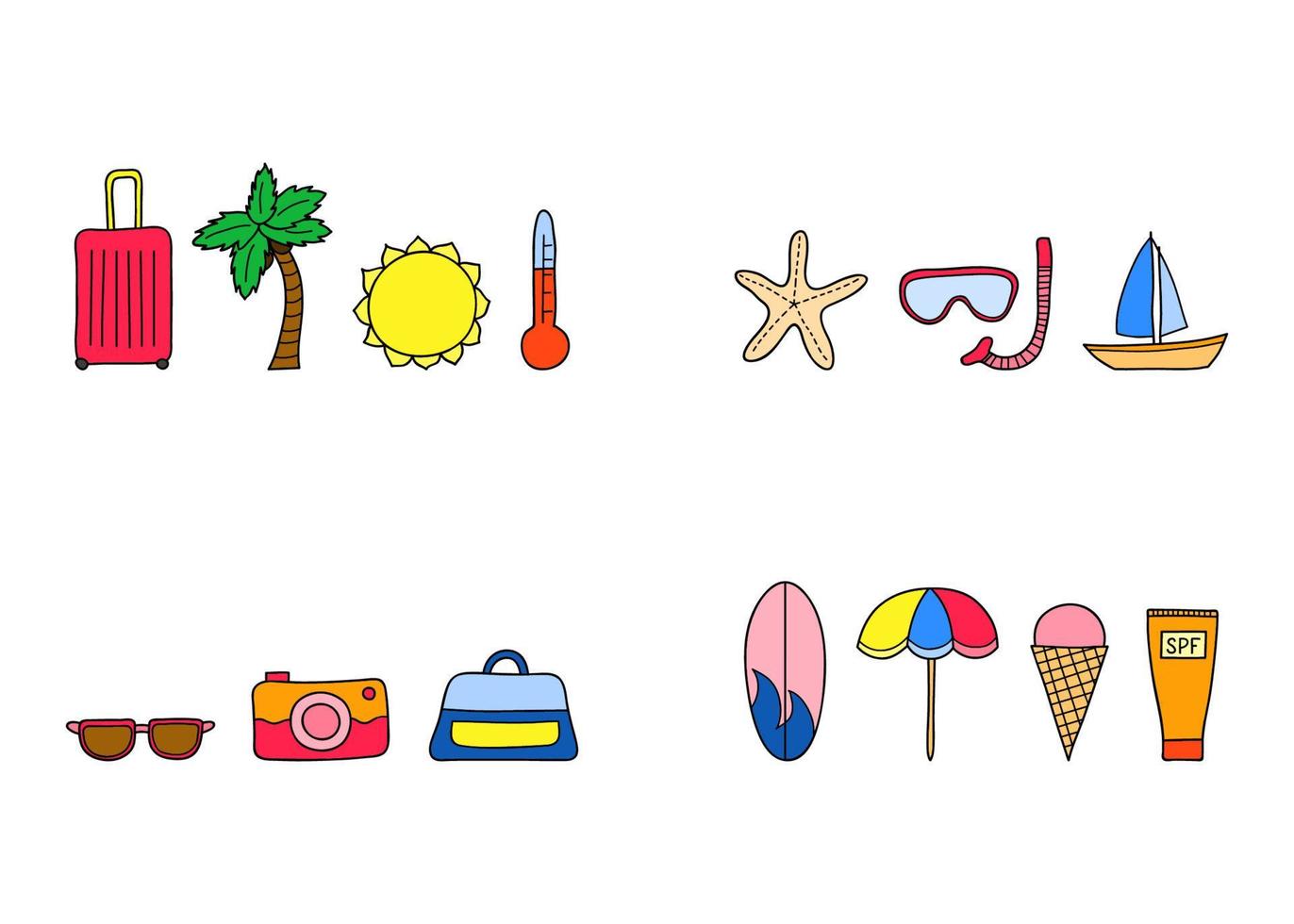 Groups of doodle summer items. vector